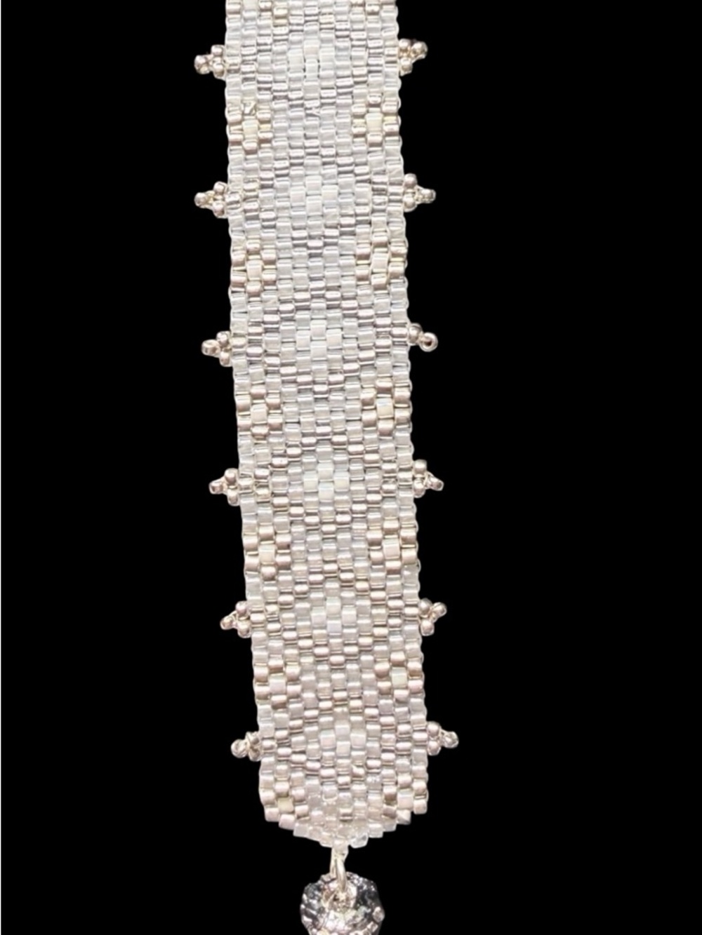 Woven Cream Silver Seed Bead Cuff Bracelet – Bridal Jewelry, Rhodium Clasp - Picture 10 of 11